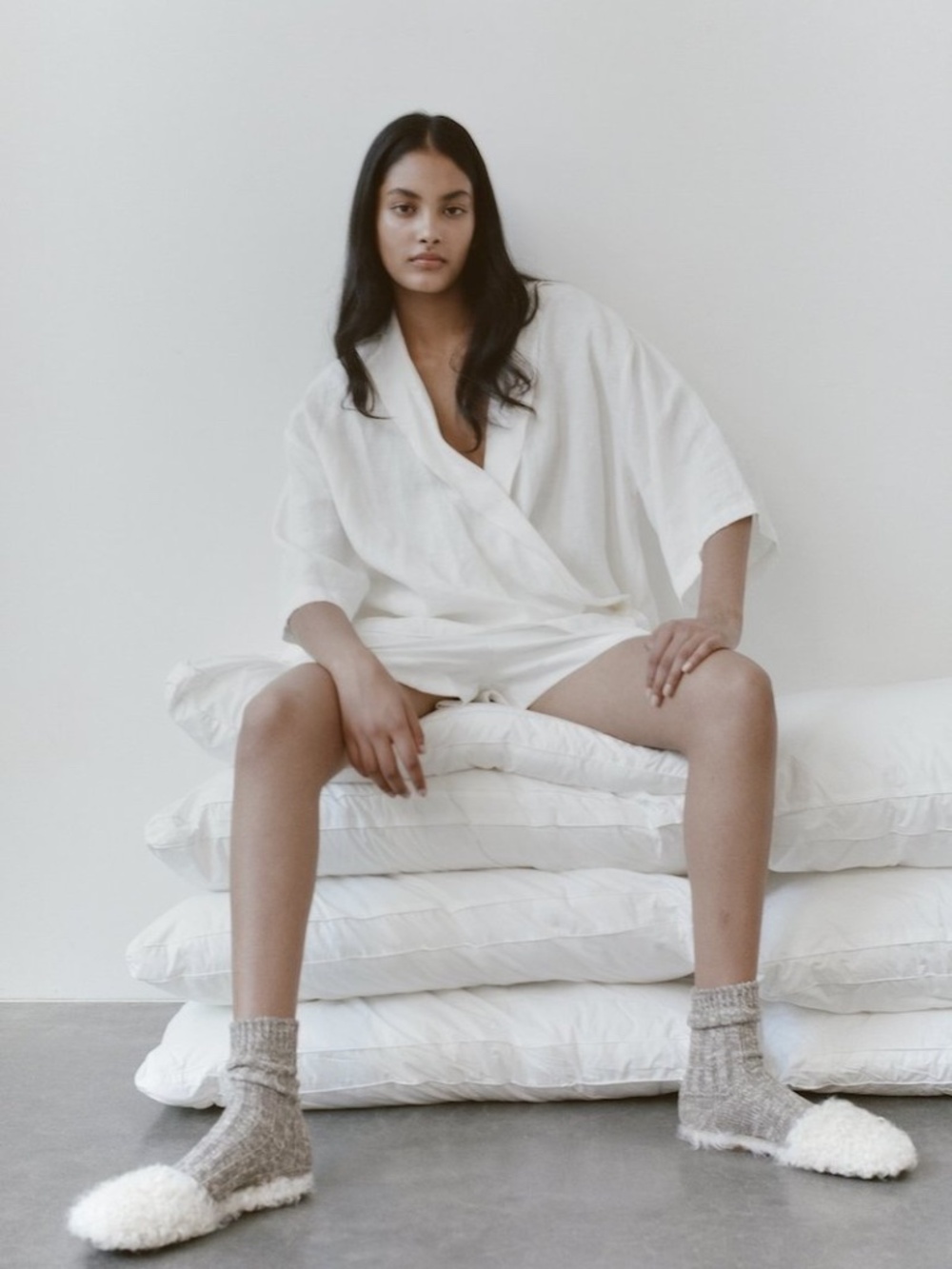 DEIJI STUDIOS The Asymmetric Wrap Front Top in White French Linen Slouchy Blouse